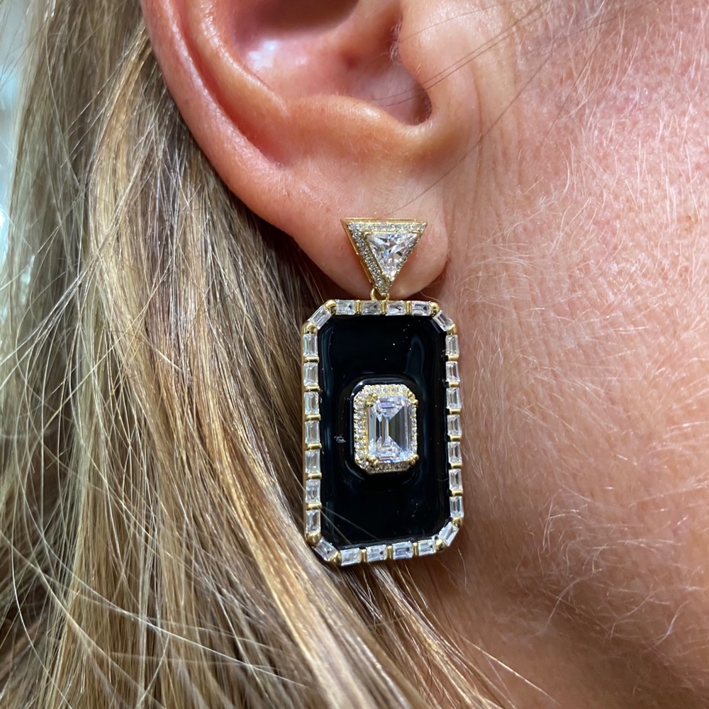 Black rectangle earring with czs and gold trim